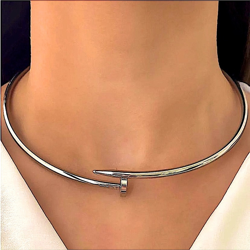 Silver Nail Choker Necklace Luxury Minimalist